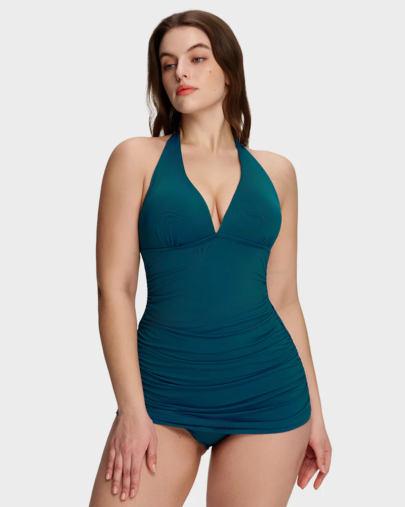 Halter V-Neck Tummy Control Swim Dress