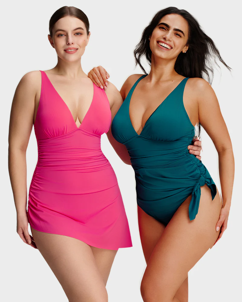 Ruched V-Neck Side Tie Slimming Swim Dress