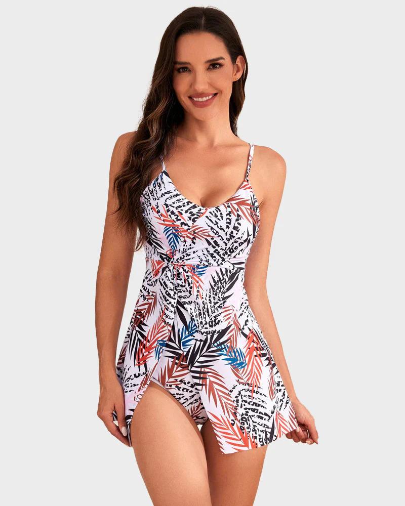 Tummy Control V Neck Twist Knot Tropical Skirted Swimdress