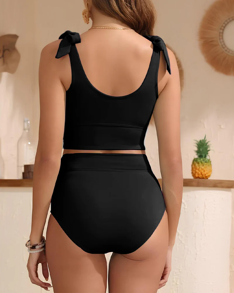 Double Tie Shoulder High Waist Tummy Control Bikini Set