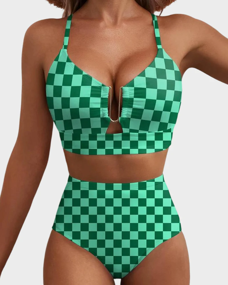 V-Neck Printed High-Waisted Two-Piece Swimsuit