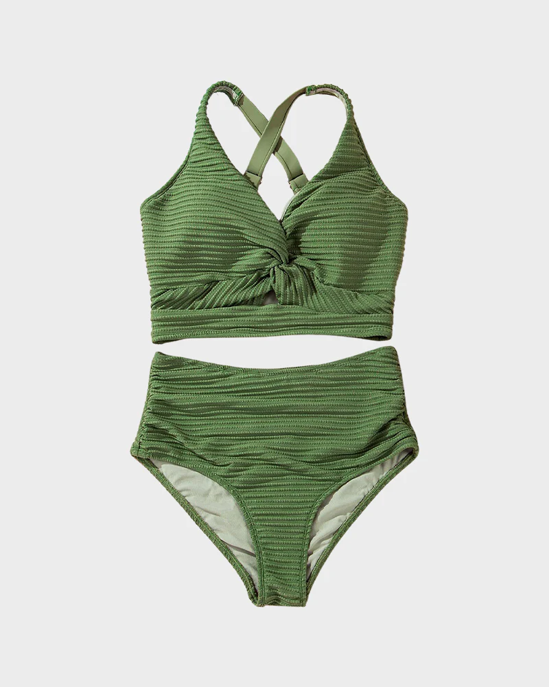 Textured Knot-Front High-Waisted Bikini Set