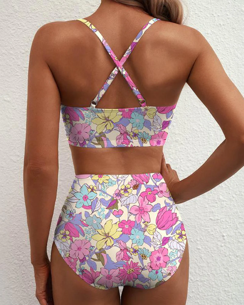 V-Neck Printed High-Waisted Two-Piece Swimsuit