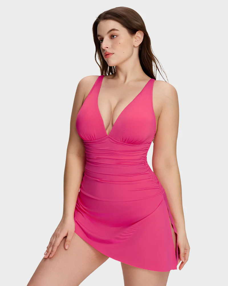 Ruched V-Neck Side Tie Slimming Swim Dress