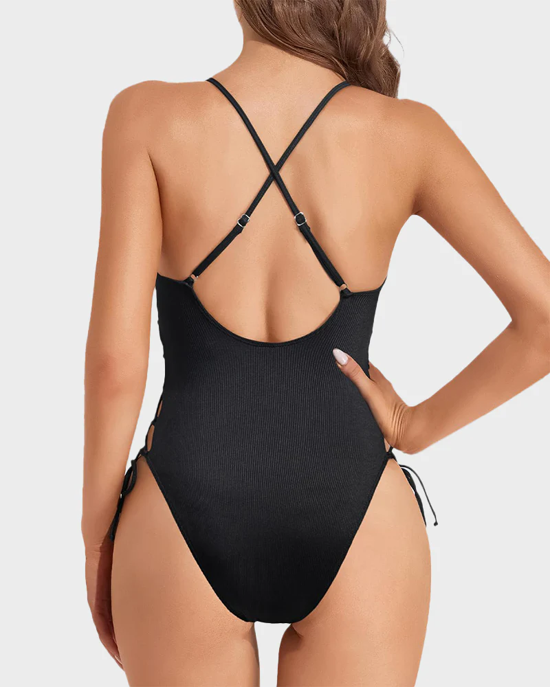 Deep Plunge V Neck High Cut Lace Up Swimsuit