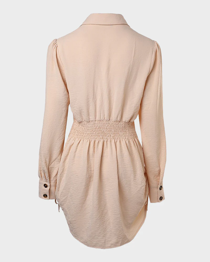 Long Sleeve Button Down Drawstring Shirt Dress