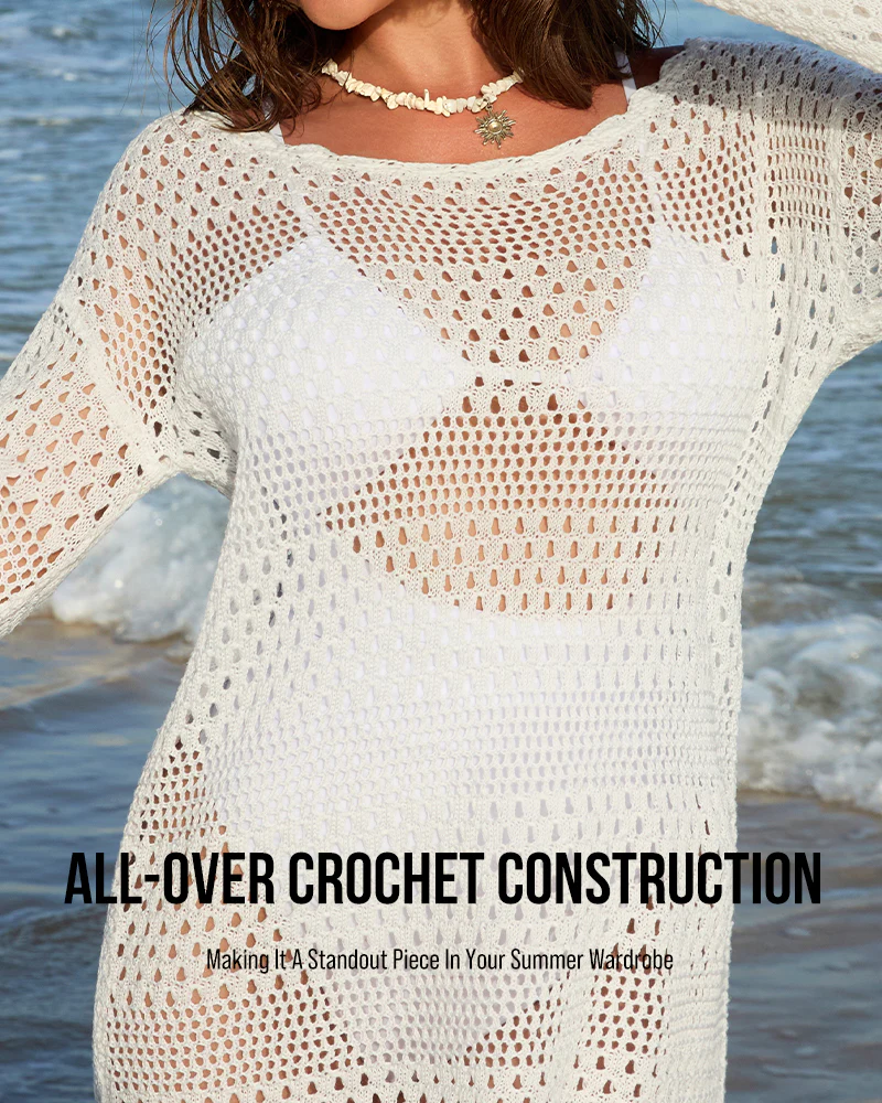 Long Sleeve Crochet Swim Cover Up Beach Dress