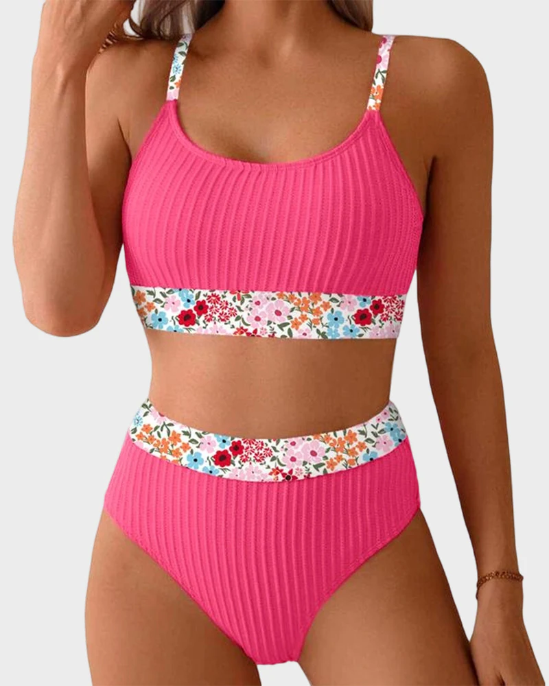 Ribbed High-Waisted Bikini Set with Floral Trim