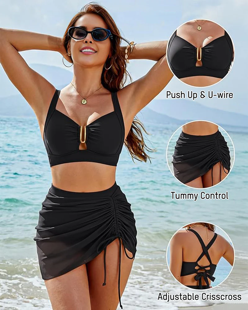 Modest U-Wire Tummy Control Bikini Skirt Set
