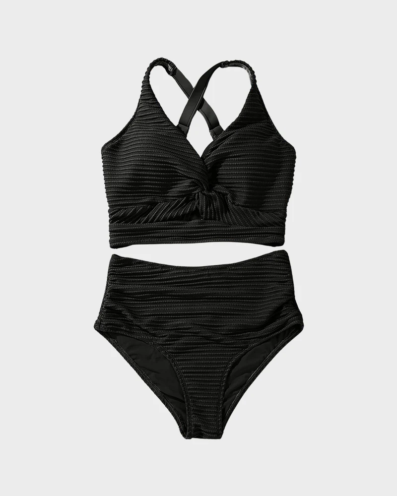 Textured Knot-Front High-Waisted Bikini Set