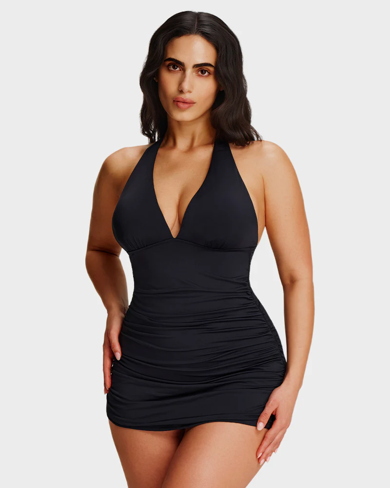 Halter V-Neck Tummy Control Swim Dress