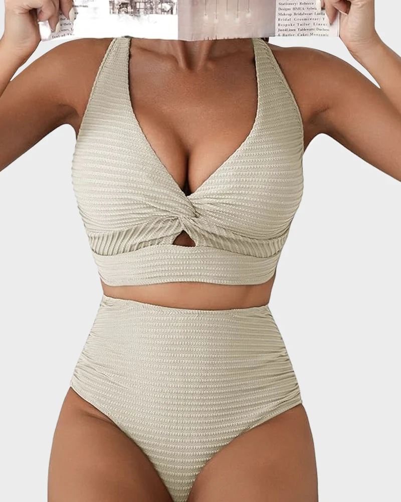 Textured Knot-Front High-Waisted Bikini Set