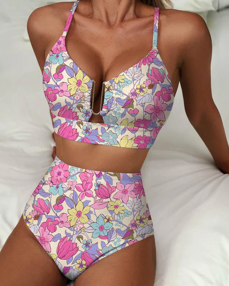 V-Neck Printed High-Waisted Two-Piece Swimsuit