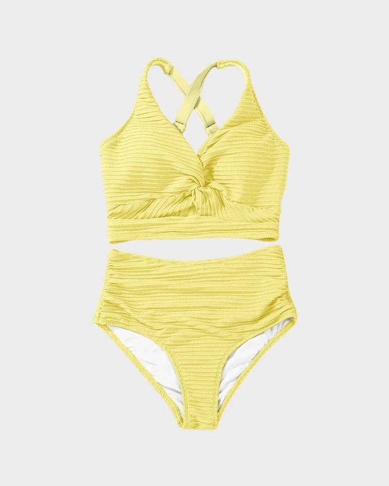 Textured Knot-Front High-Waisted Bikini Set