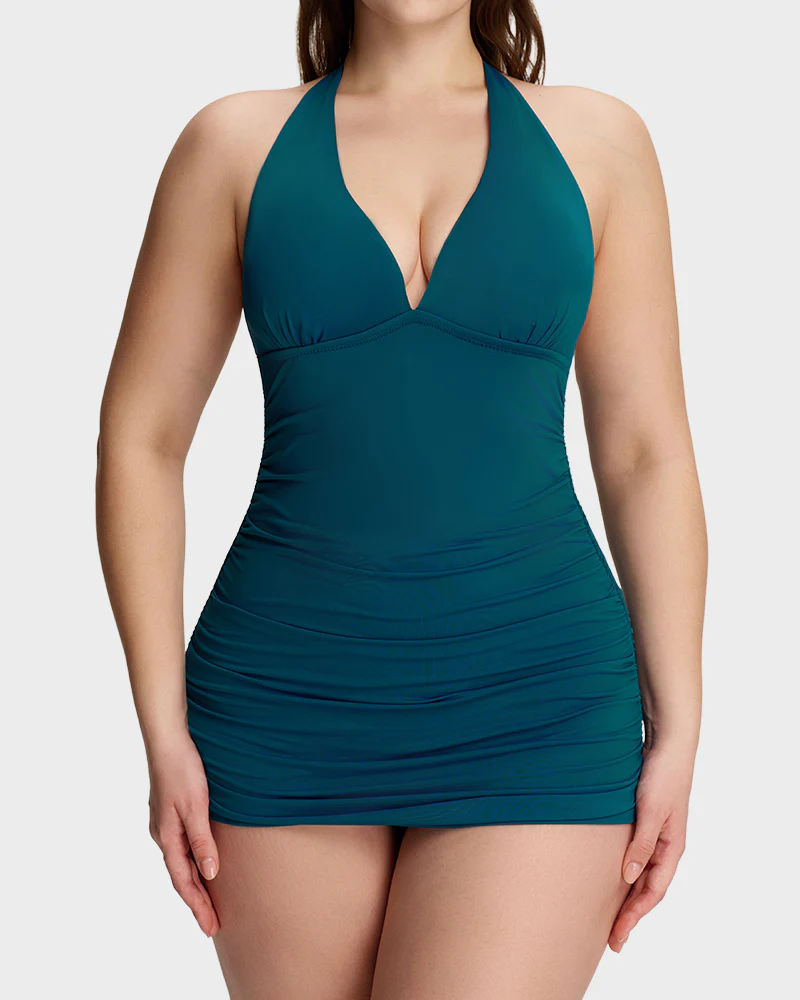 Halter V-Neck Tummy Control Swim Dress