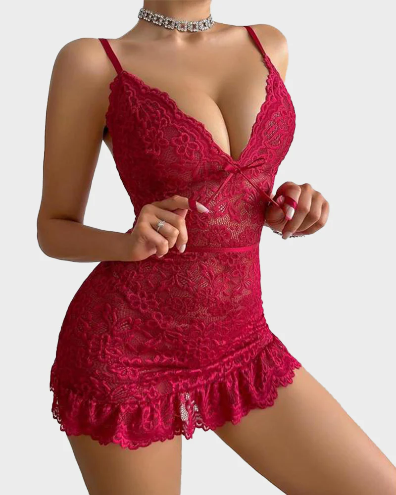 Women Lingerie Lace Chemise Sexy Nightgown Ruffle Hem Sleep Dress with Thong