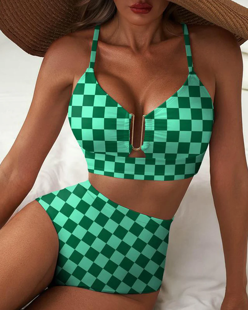V-Neck Printed High-Waisted Two-Piece Swimsuit
