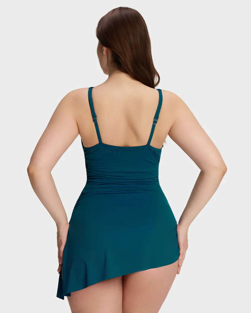 Ruched V-Neck Side Tie Slimming Swim Dress