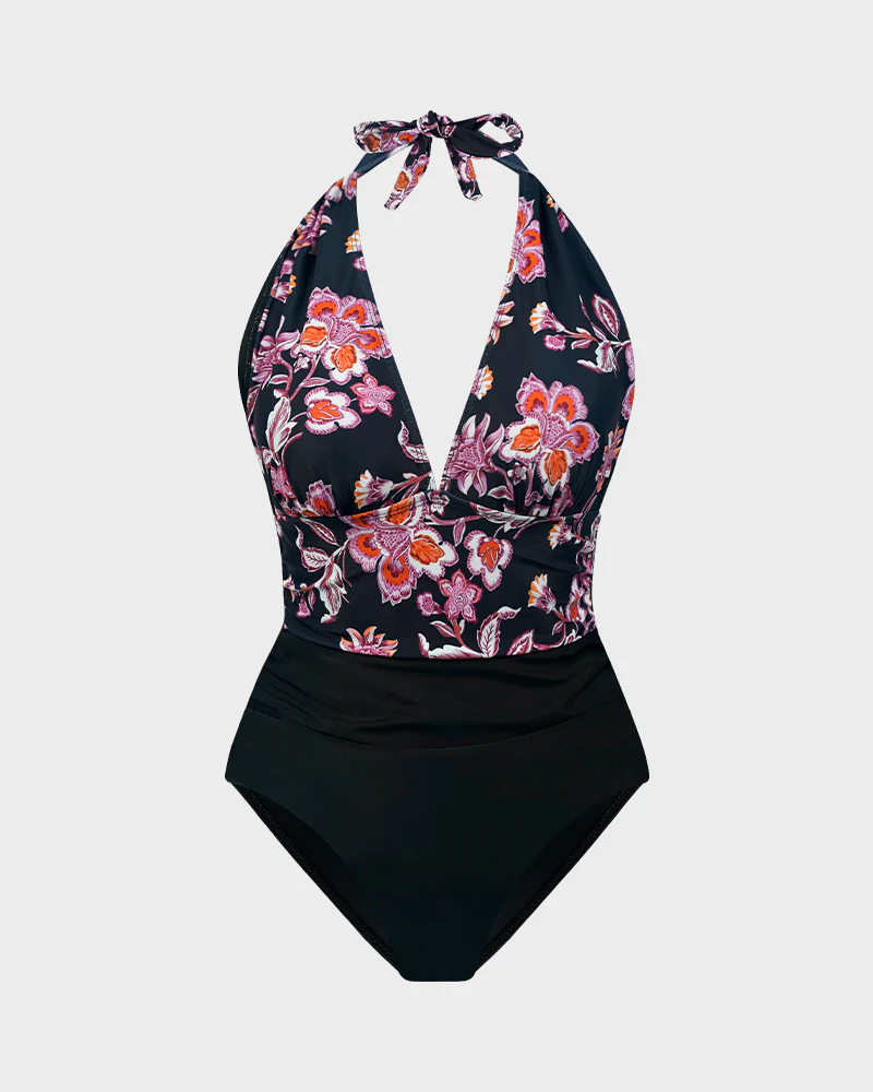 Deep V Halter Neck Backless One-Piece Swimsuit